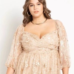 Eloquii Ruched Bodice Novelty Sequin Dress. gold stars and moons.